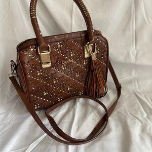Charms Studded Leather Satchel with Tassel Detail